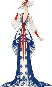 Cobalt Floral Gown With Scarlet Ribbon Accents — Valentin Laurent De Courcey