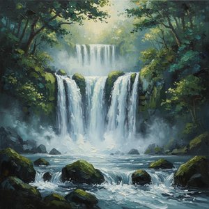 Ethereal Descent: A Monumental Study Of Cascading Light And Verdant Mist — Christian Noiret