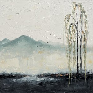 Ethereal Willow Shadows Over Muted Silhouettes In A Monochromatic Impasto Landscape — Laurent Garnier