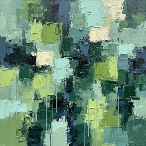 Fragmented Verdant Echoes: A Monolithic Study In Layered Sage And Deep Forest Impasto — Laurent Fabre, Neo-abstract Art