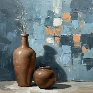 Monolithic Vessels In Muted Earth Tones Amidst A Textured Mosaic Of Slate And Clay — Christian Noiret, Contemporary Abstract