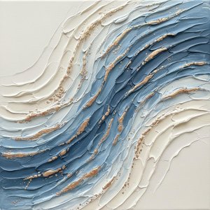 Gilded Cerulean Swells: A Sculptural Study In Meditative Blue And Gold Impasto — David Moreau, Plaster & Texture Art