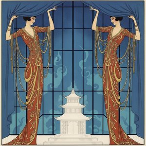 Terracotta Figures Framing A White Pagoda Amidst Cerulean Grids — Valentin Laurent De Courcey