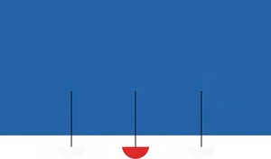 Celestial Equilibrium: A Monumental Study In Crimson Symmetry And Infinite Blue Serenity — Laurent Bernard, Minimalist Pop