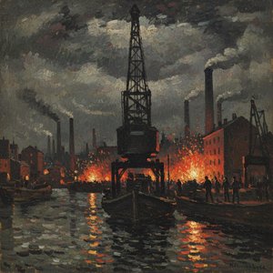 Embers Of The Iron Wharf: A Nocturnal Industrial Symphony — Hortense Caron, Neo-impressionism