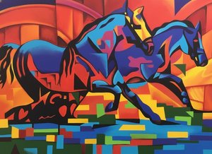 Prismatic Gallop: A Monumental Dance Of Cobalt Shadows And Solar Fire — Caroline Pelletier