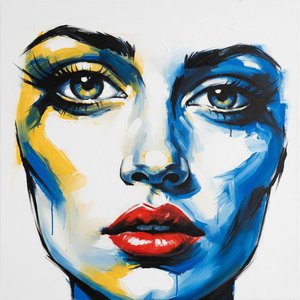 Fragmented Visage In Cobalt Shadows And Radiant Amber Light, A Unique Masterpiece — Christian Noiret, Contemporary Abstract Painting