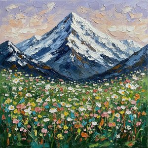 Eternal Summit: A Monumental Impasto Study Of Alpine Blooms And Glacial Serenity — Christian Noiret