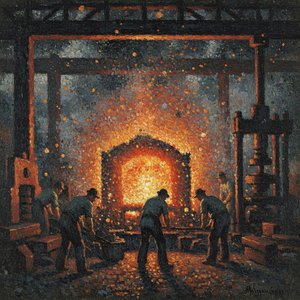 The Crucible Of Embers: An Industrial Symphony In Fire — Hortense Caron, Neo-impressionism
