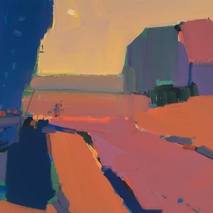 Monolithic Ochre Horizons: A Singular Vision Of Earth And Ultramarine Depth — Marion Delorme, Hockney Figurative Pop
