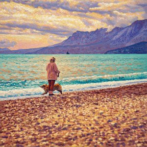 Golden Solitude: A Pointillist Reflection on the Shore
