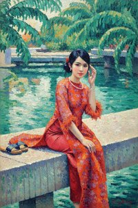 Crimson Serenity in the Pointillist Garden: A WahooArt Original