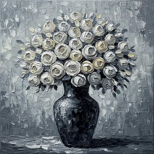 Monochromatic Echoes Of Silver Roses In Sculptural Impasto Relief — David Moreau, Plaster & Texture Art