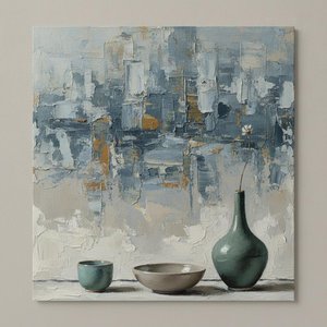 Teal Ceramics Amidst Fragmented Slate And Ochre Strokes — Laurent Roche