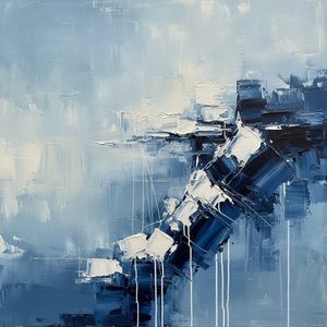Fragmented Monoliths In Midnight Blue: A Singular Study Of Gravity And Form — Laurent Fabre, Neo-abstract Art (modern Abstract Compositions)