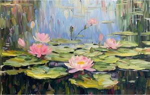 Serene Reflections Of Floating Petals In A Meditative Impasto Water Garden — Christian Noiret