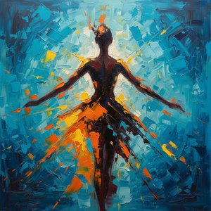 Ethereal Radiance: A Monolithic Silhouette Amidst Fragmented Cobalt And Golden Chaos — Christian Noiret, Contemporary Abstract Painting
