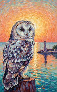 Sentinel Of The Golden Hour: A Pointillist Study In Twilight Serenity — Claire Dupuis, Neo-impressionism