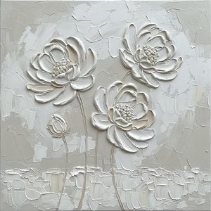 Monochromatic Sculptural Flora In Ethereal Layers Of Ivory And Pale Grey Impasto — David Moreau, Plaster & Texture Art