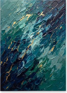 Fragmented Currents of Deep Oceanic Blues Interwoven with Luminous Gilded Strata