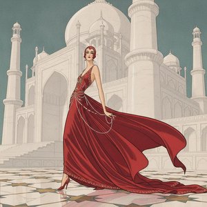 Crimson Silk Amidst Pale Architectural Arches — Valentin Laurent De Courcey, Art Deco