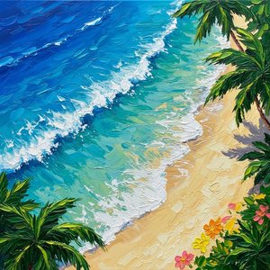 Sculptural Azure Tides: A Luminous Study Of Coastal Rhythms And Verdant Shores — Laurent Delcourt, Colorful / Vibrant Art