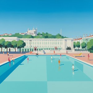 Cerulean Serenity: A Monumental Study Of Architectural Symmetry And Summer Stillness — Marion Delorme, Hockney Figurative Pop