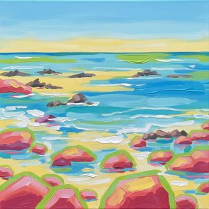 Chromatic Resonance Of The Shoreline In Radiant Magenta And Cyan Impasto — Laurent Cartier, Celebratory Abundance Pop