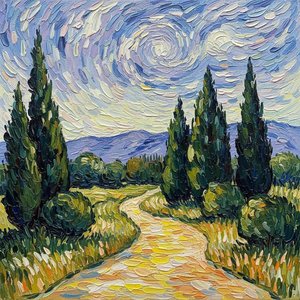 Celestial Swirls Above The Ochre Path: A Singular Impasto Vision In Motion — Laurent Mercier, Expressionist Art