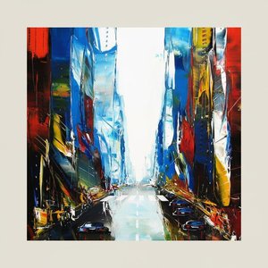 Chromatic Convergence In Cobalt And Crimson: A Monumental Urban Canyon Study — Yann Lambert, Pop Art