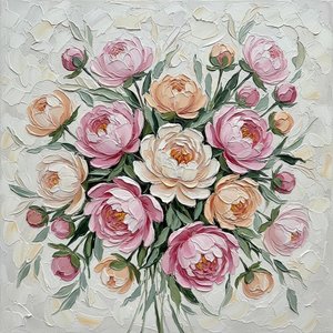 Sculpted Serenity: A Monumental Impasto Study Of Radiant Blush Peonies And Verdant Grace — David Moreau, Contemporary Abstract