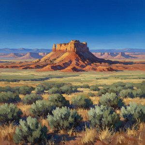 Ember Of The Ancient Mesa: A Study In Ochre And Cobalt — Philippe Girard, Contemporary Impressionism
