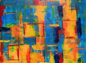Fragmented Urban Echoes In A Radiant Mosaic Of Cobalt And Flame — Laurent Fabre, Neo-abstract Art