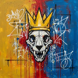 Sovereign Ruin: A Gilded Feline Skull Amidst Primary Tones And Calligraphic Chaos — Laurent Girard
