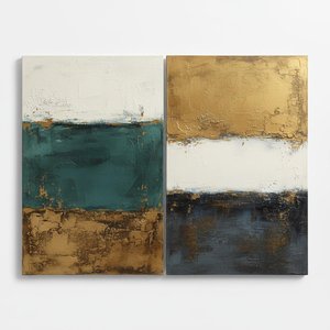 Ethereal Strata: A Monumental Diptych Of Gilded Ochre And Deep Mineral Shadows — David Moreau, Plaster & Texture Art
