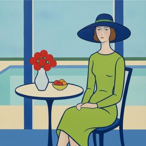 Lime Green Silhouette Amidst Cyan Geometric Windows — Marion Delorme, Hockney Figurative Pop