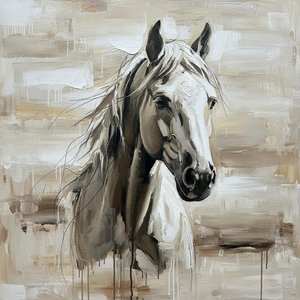 Monolithic Echoes In Charcoal And Cream: A Singular Study Of Equine Grace — Christian Noiret, Contemporary Abstract Painting