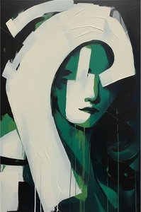 Fragmented Echoes In Emerald And Shadow: A Monumental Study Of Melancholic Grace — Laurent Fabre, Neo-abstract Art