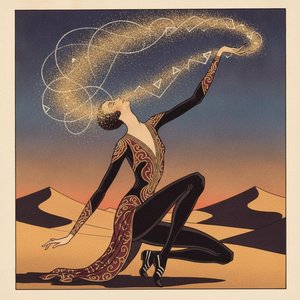 Golden Stardust Cascading Over A Kneeling Silhouette In Ochre Dunes — Valentin Laurent De Courcey