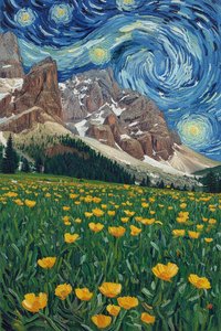 Celestial Resonance: Alpine Bloom Under A Swirling Infinite — Hugo Faubert, Post-impressionism