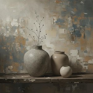 Ceramic Vessels And Dried Botanicals On Weathered Wood — David Moreau