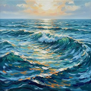 Ephemeral Surge Of Azure Tides With Gilded Light And Impasto Motion — Christian Noiret, Contemporary Abstract