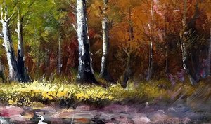Autumn Woodland Stream With White Birds