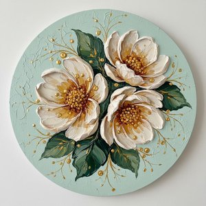 Ethereal Magnolia Bloom In Sculptural Impasto With Radiant Gilded Tendrils And Mint Serenity — David Moreau, Contemporary Abstract