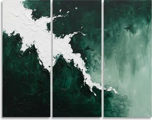 Fractured Emerald Crest: A Monumental Triptych Of Spontaneous White Impasto Motion — David Moreau, Contemporary Abstract
