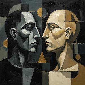 Fragmented Echoes Of Solitude: A Monumental Study In Geometric Dualism And Earthy Shadows — Laurent Fabre, Neo-abstract Cubism