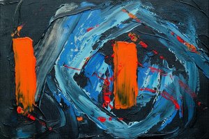 Celestial Vortex Of Crimson Splatters And Anchored Amber Monoliths In Motion — Christian Noiret, Contemporary Abstract