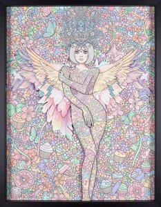 Ethereal Serenity: A Singular Vision of Winged Grace Amidst Pastel Botanical Blooms