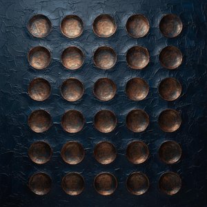 Celestial Orbits In Oxidized Copper Amidst A Midnight Obsidian Grid — David Moreau