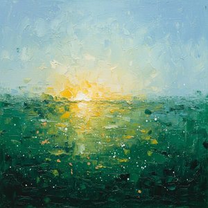 Ethereal Solar Radiance Over Deep Emerald Depths: A Unique Impasto Masterpiece — Christian Noiret, Contemporary Abstract